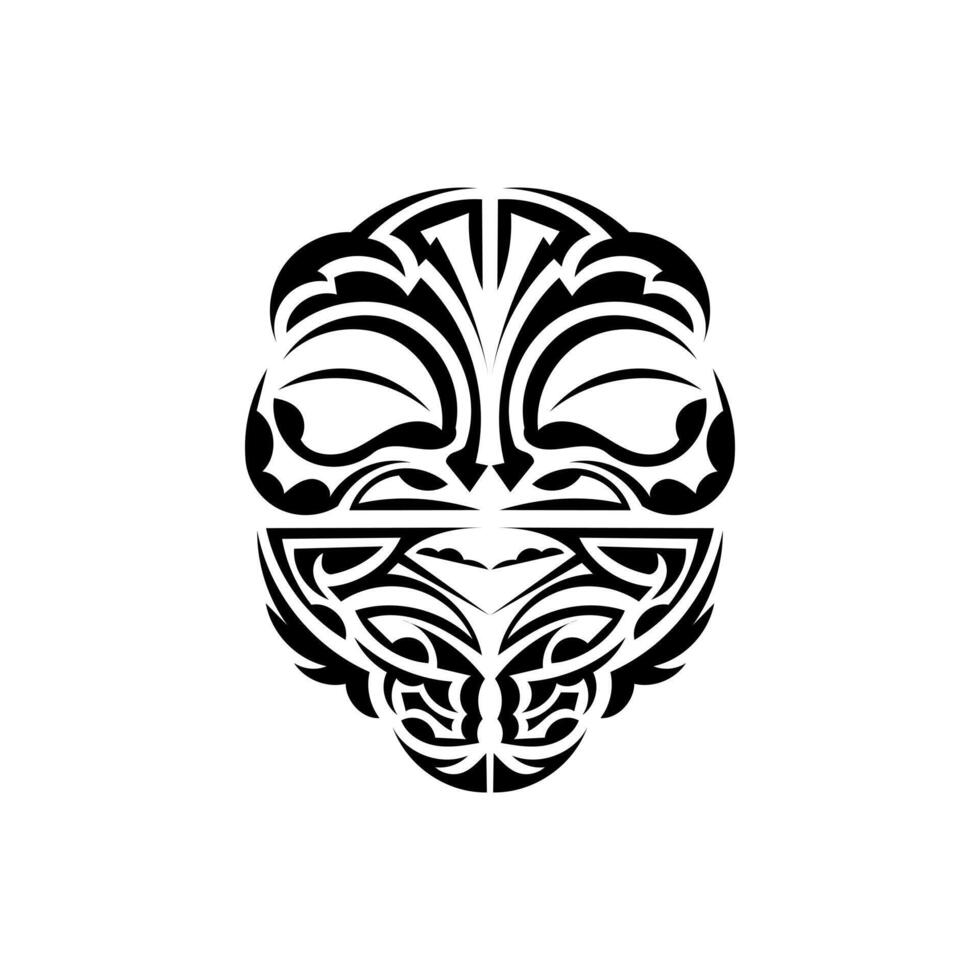 Viking faces in ornamental style. Hawaiian tribal patterns. Suitable for tattoos. Isolated on white background. Black ornament, vector illustration.