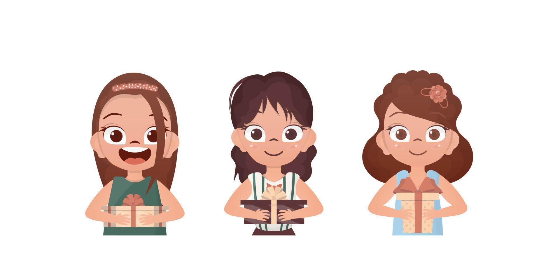 un conjunto de alegre muchachas quien sostener un regalo en su manos. dibujo en dibujos animados estilo. vector ilustración.