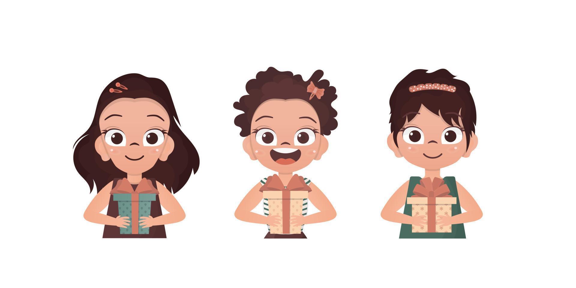 Set of joyful girls who are holding a gift. Drawing in cartoon style. Vector illustration.