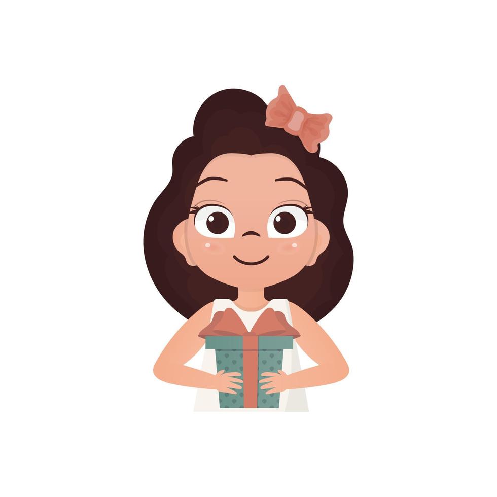 Satisfied girl child holding a gift. Drawing in cartoon style. Vector illustration.