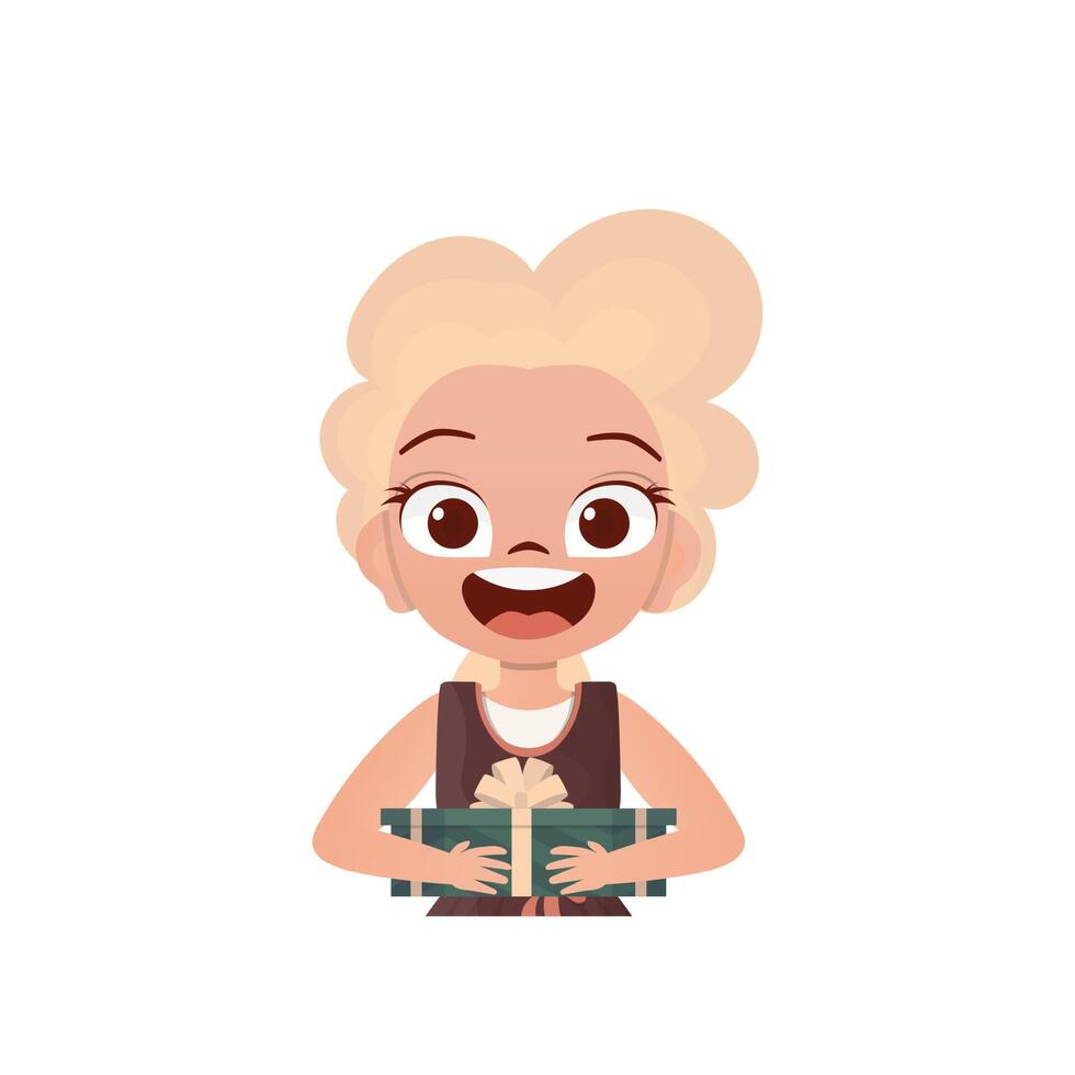 Happy baby girl holding a gift. Drawing in a flat style. illustration. vector