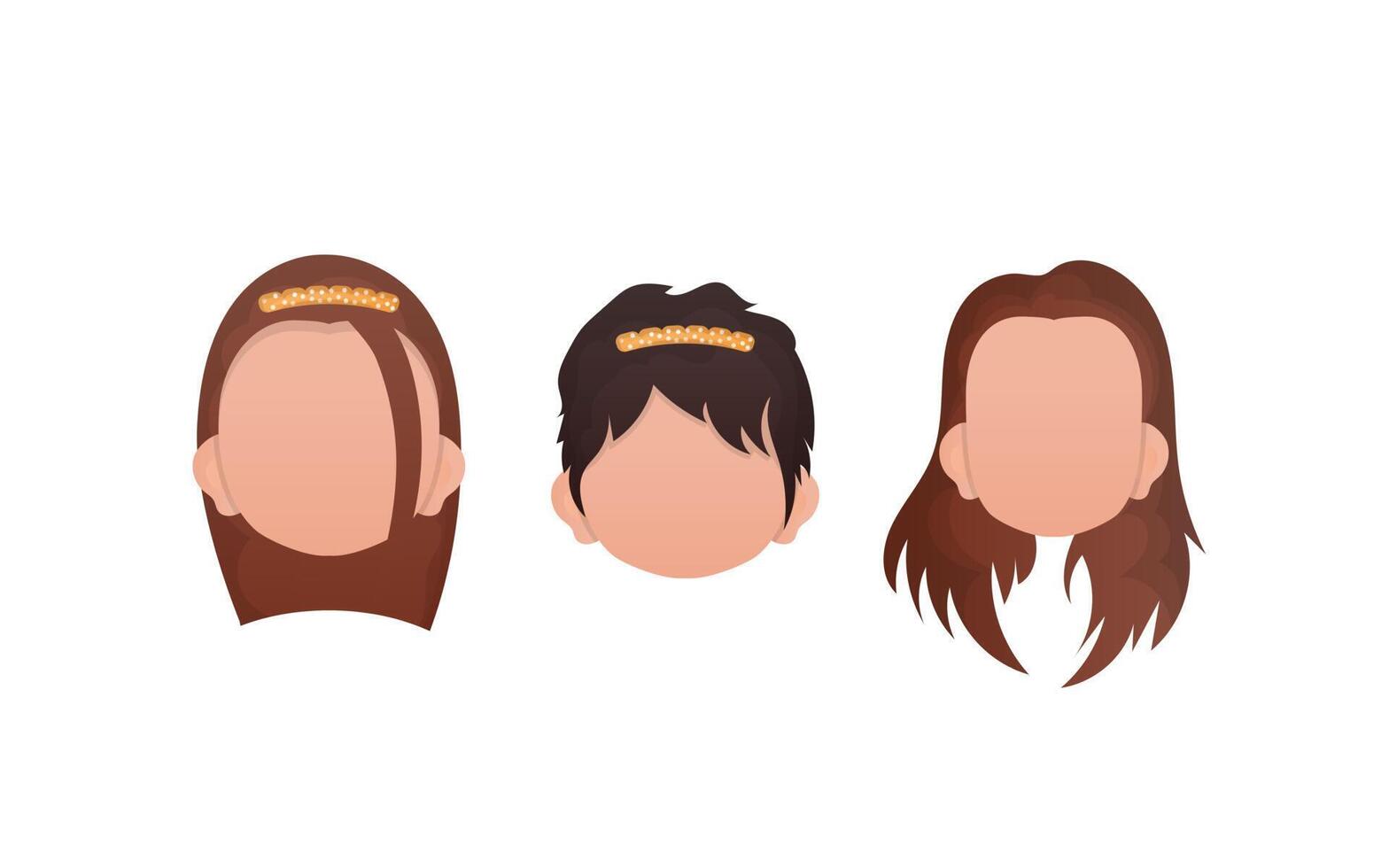 Set of girls faces isolated on white background. Cartoon style. Vector illustration.