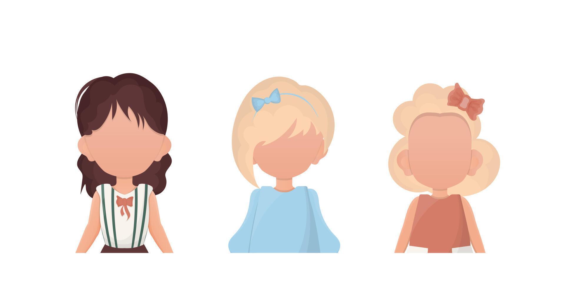 A set of little girls is depicted waist high. Cartoon style. Vector illustration.