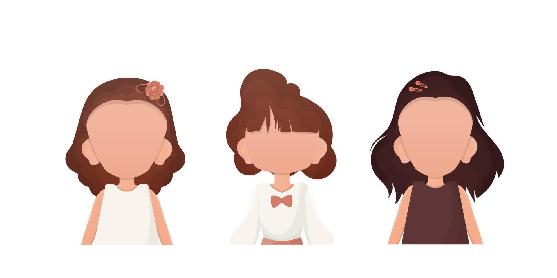 A set of little girls is depicted waist high. Isolated. Vector illustration.