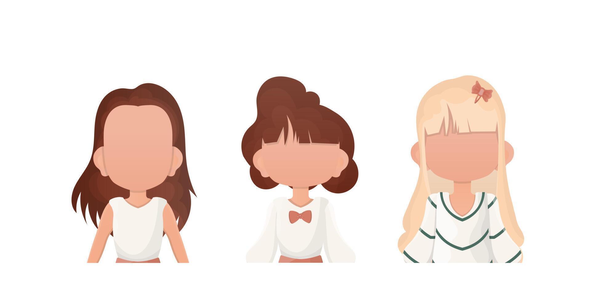Set Little girls child is depicted waist high. Isolated on white background. illustration. vector
