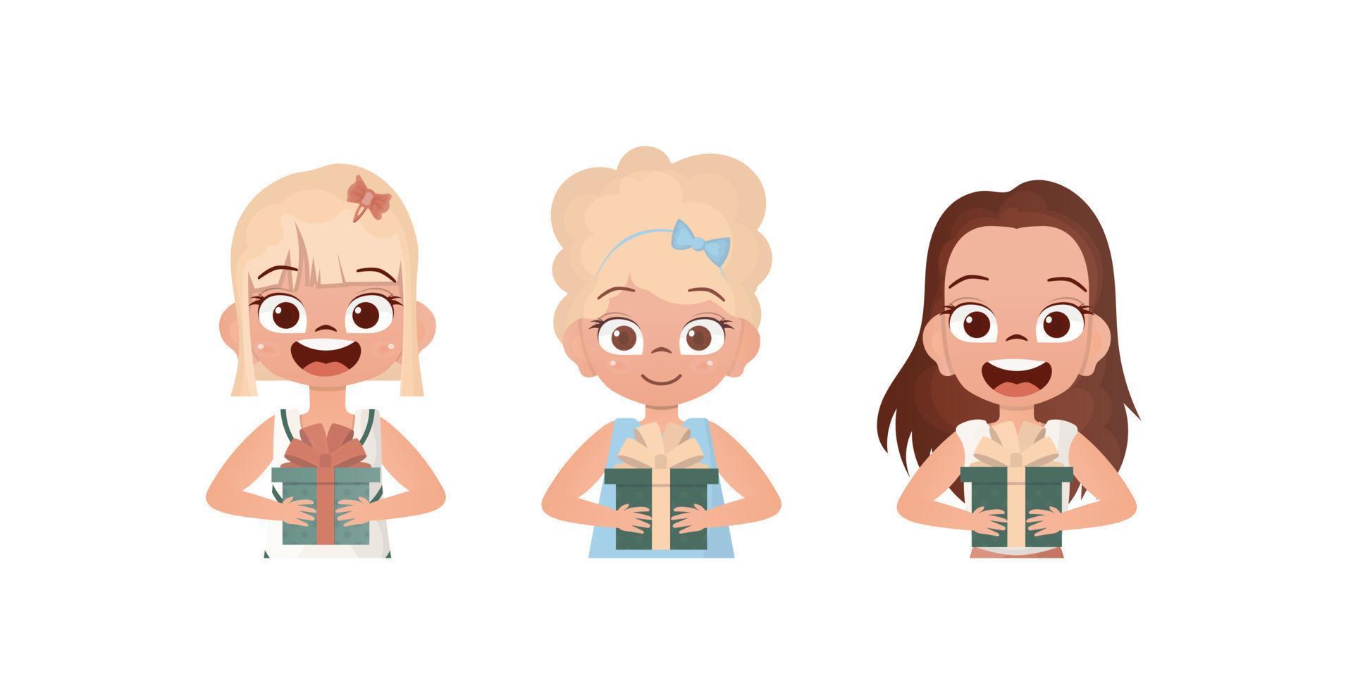 A set of happy girls who hold a gift in their hands. Drawing in cartoon style. Vector. vector