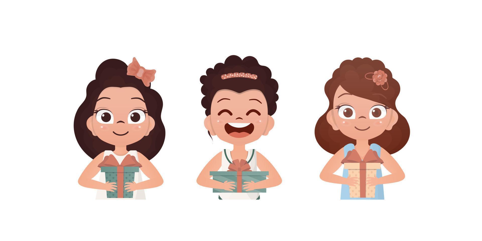 A set of happy girls who hold a gift in their hands. Drawing in cartoon style. Vector illustration.