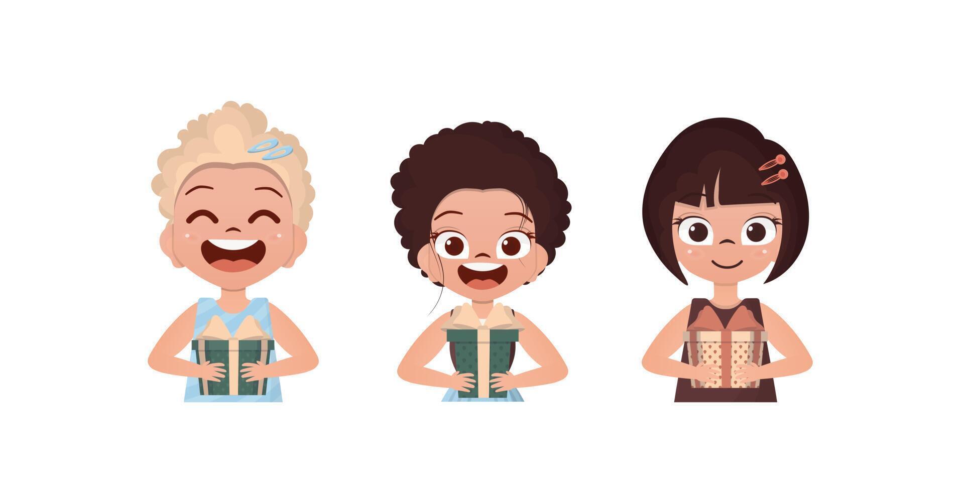 Set of happy baby girls who are holding a gift in their hands. Drawing in cartoon style. . vector
