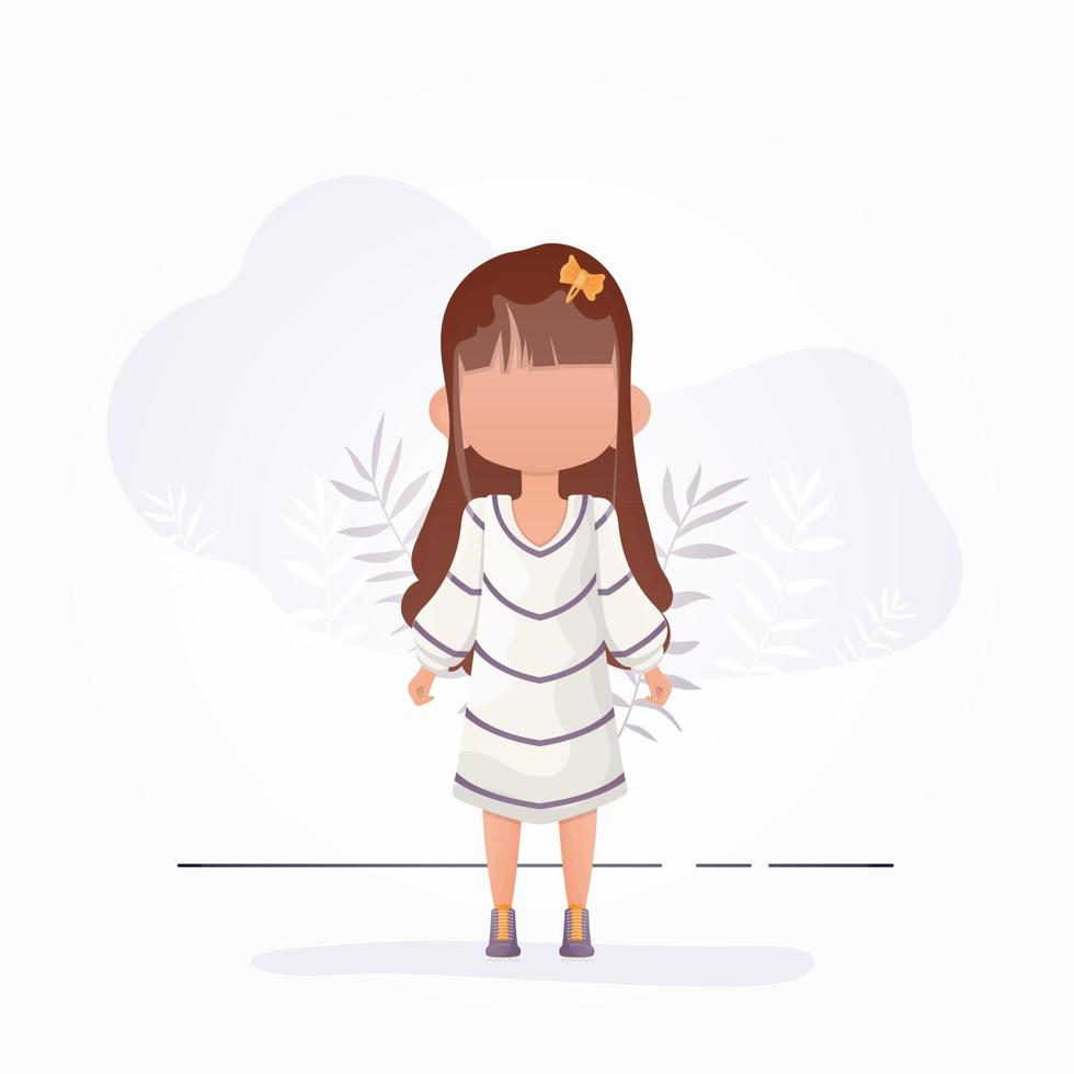 Cute baby girl in flat style. Poster with a teenage girl who is depicted in full growth. Vector illustration.