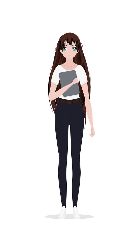 The girl is holding a tablet. cartoon. Distance learning and communication of young teenagers using touch pad. Isolated. vector