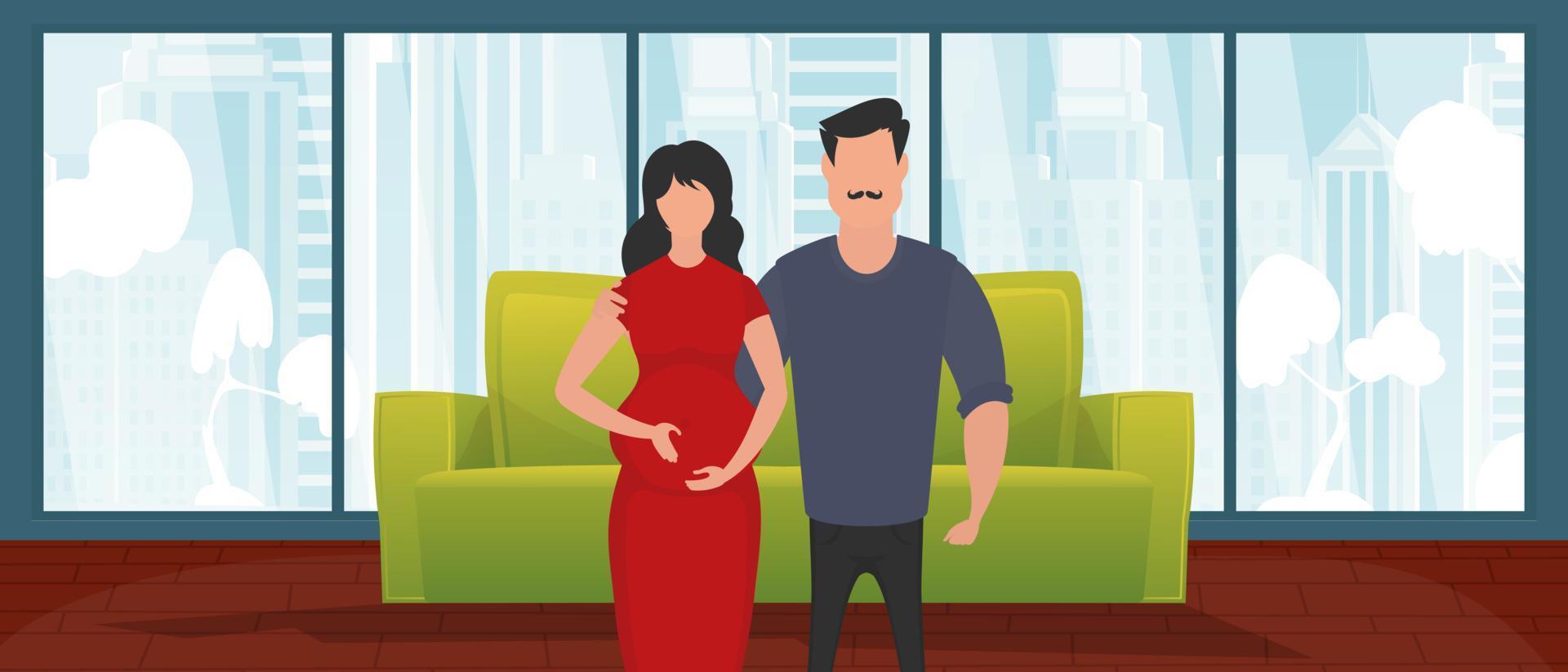 Pregnant woman with her husband. Banner on the theme of couple jet baby. Positive and conscious pregnancy. Vector illustration in a flat style.