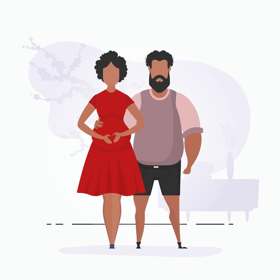 A man hugs a pregnant woman. A poster on the theme of a child's steam jet. Happy pregnancy. Vector illustration in a flat style.