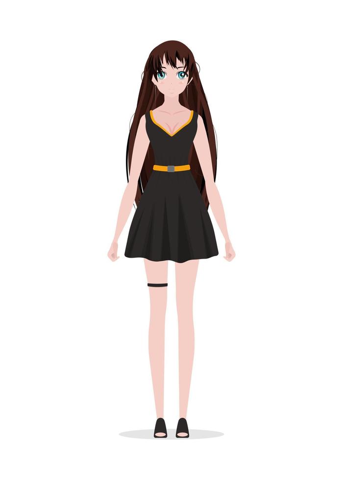 Anime girl in a black dress. Vector illustration