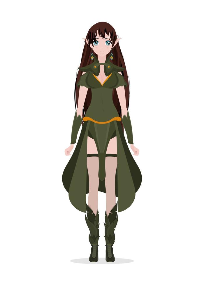 Lady in a green suit with a wooden staff in her hands. Anime girl isolated. Cartoon style, vector. vector