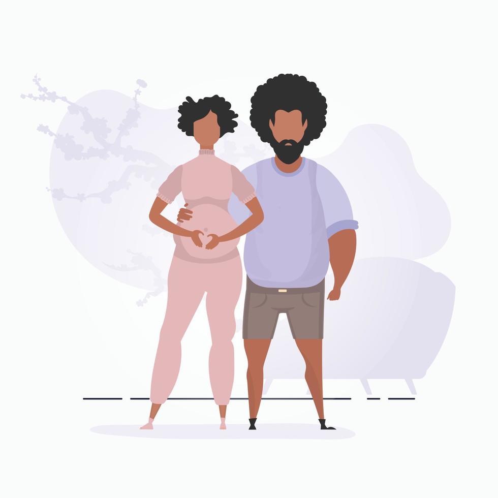 A man hugs a pregnant woman. Banner on the theme Young family is waiting for the birth of a child. Positive and conscious pregnancy. Cute illustration in flat style. vector