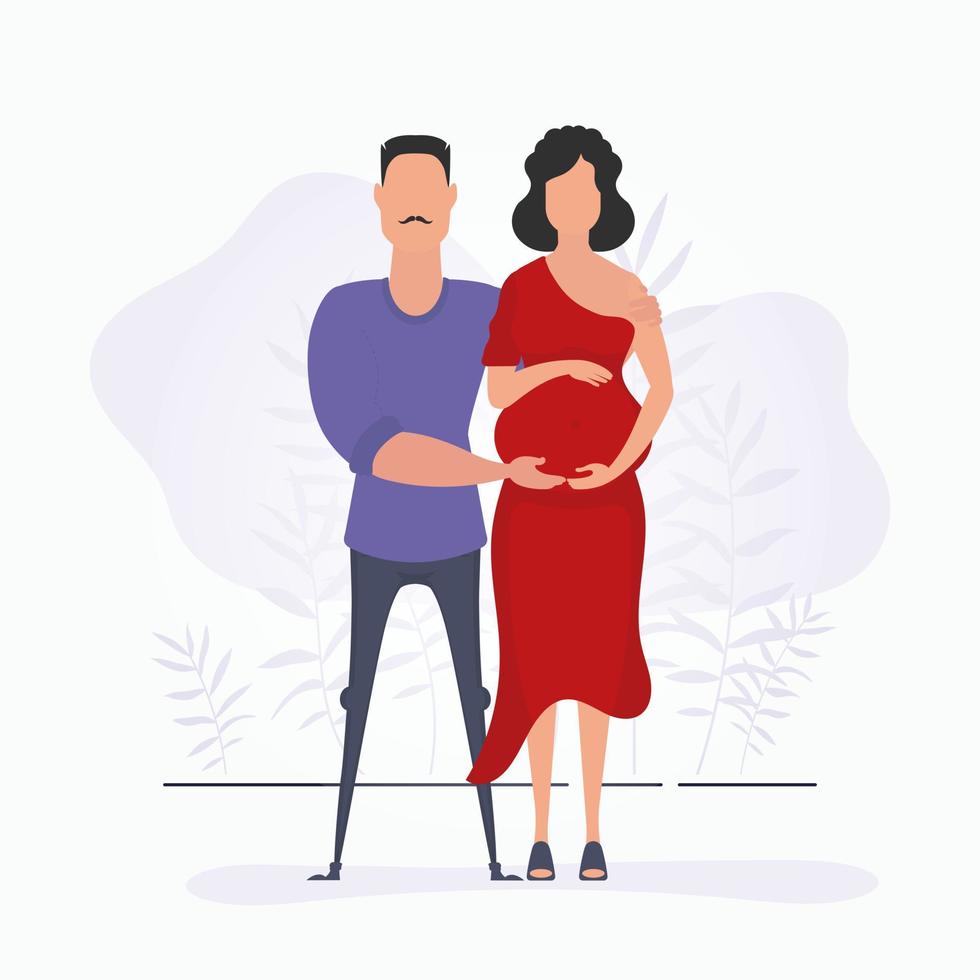 un hombre abrazos un embarazada mujer. un póster en el tema de un niño vapor chorro. positivo y consciente el embarazo. linda ilustración en plano estilo. vector