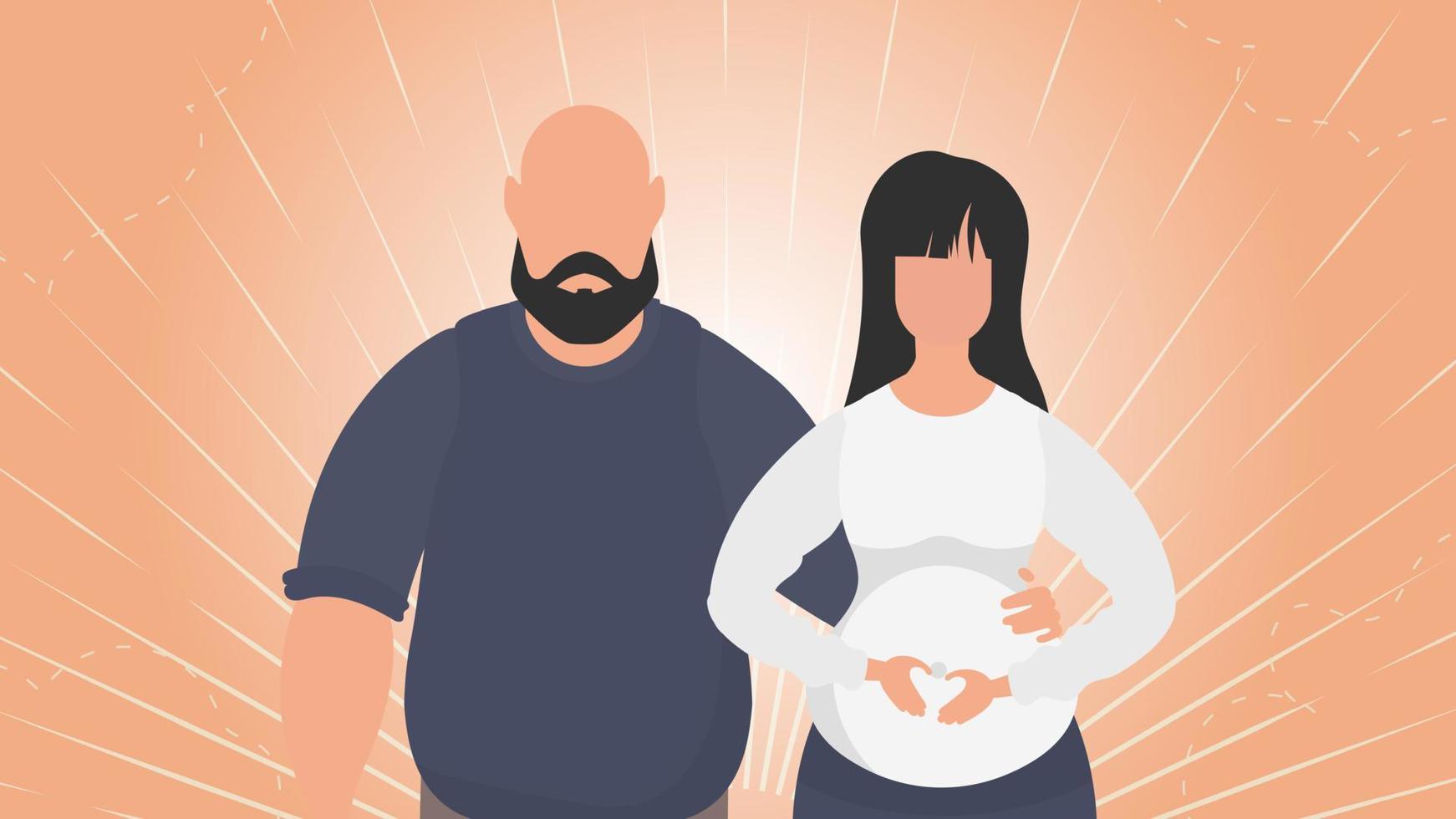 Pregnant woman with her husband. Banner on the theme Young family is waiting for the birth of a child. Happy pregnancy. Vector illustration in a flat style.