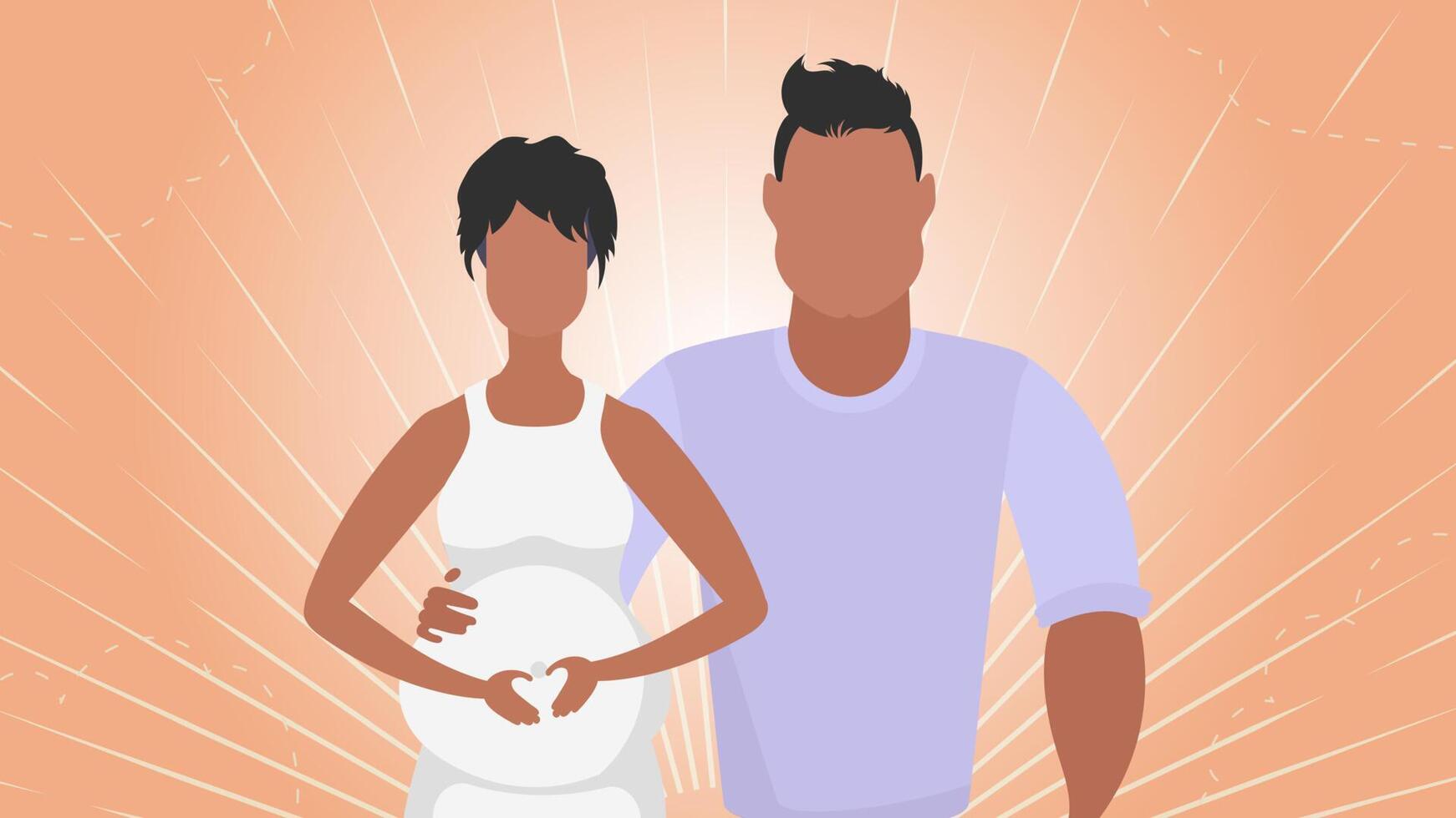 Pregnant woman with her husband. Banner on the theme Young family is waiting for the birth of a child. Happy pregnancy. in cartoon style. vector