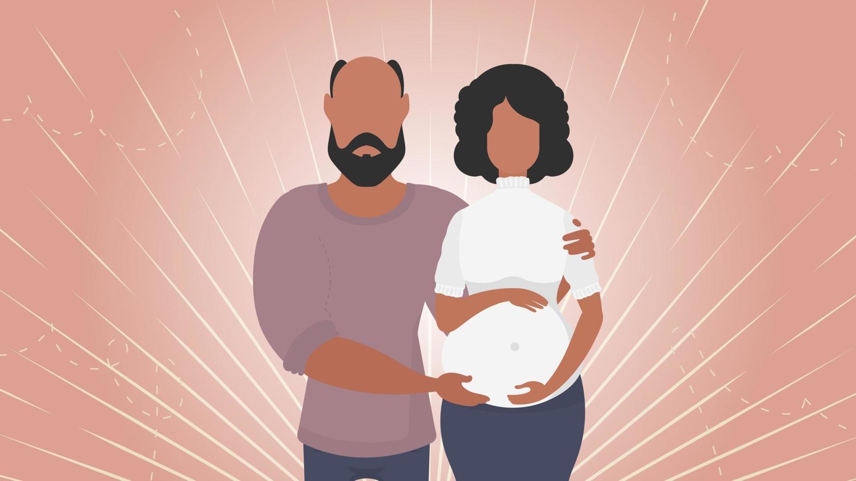 embarazada mujer con su marido. bandera en el tema joven familia es esperando para el nacimiento de un niño. positivo y consciente el embarazo. vector ilustración en un plano estilo.