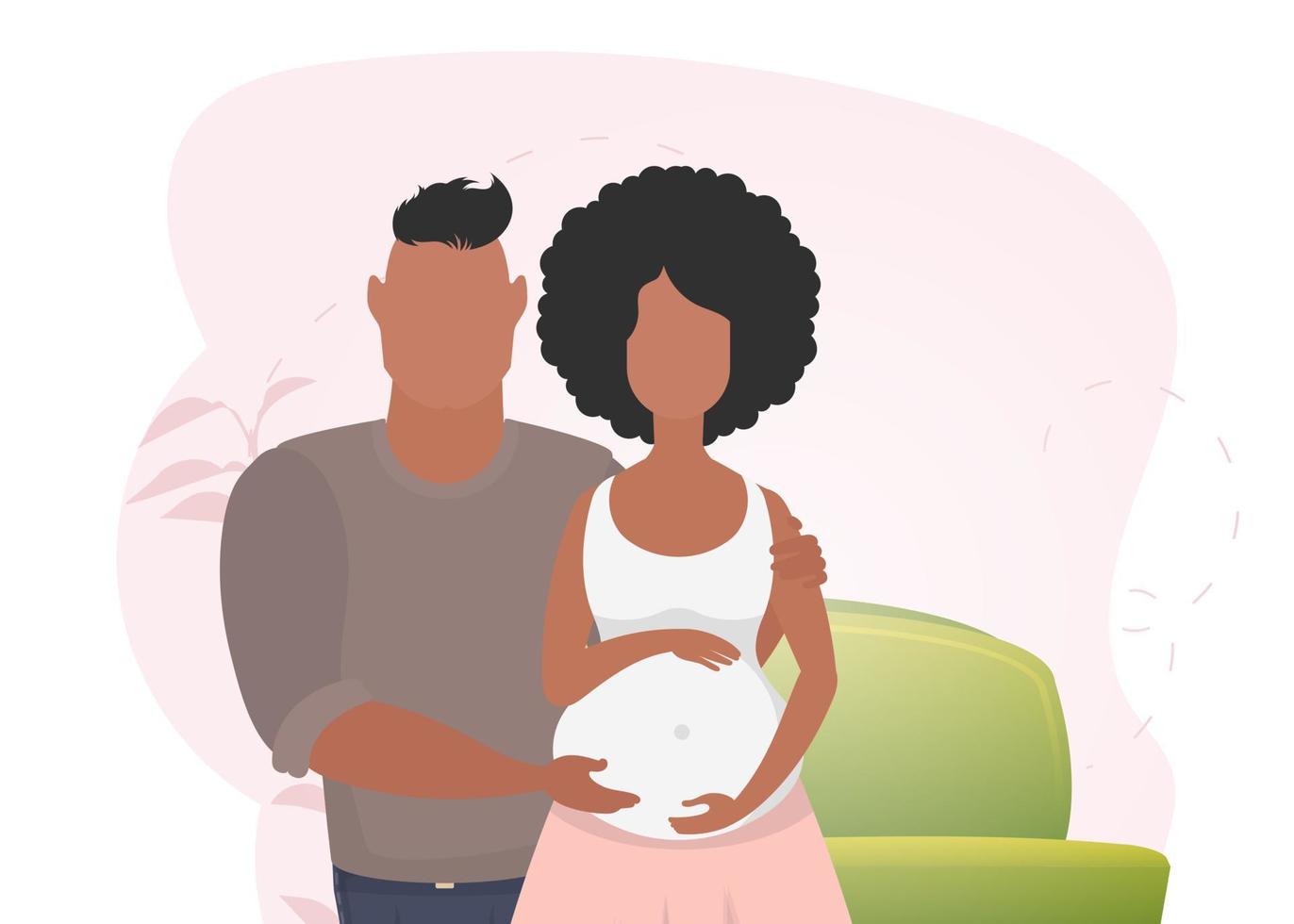 un hombre abrazos un embarazada mujer. póster en el tema joven familia es esperando para el nacimiento de un niño. contento el embarazo. linda ilustración en plano estilo. vector