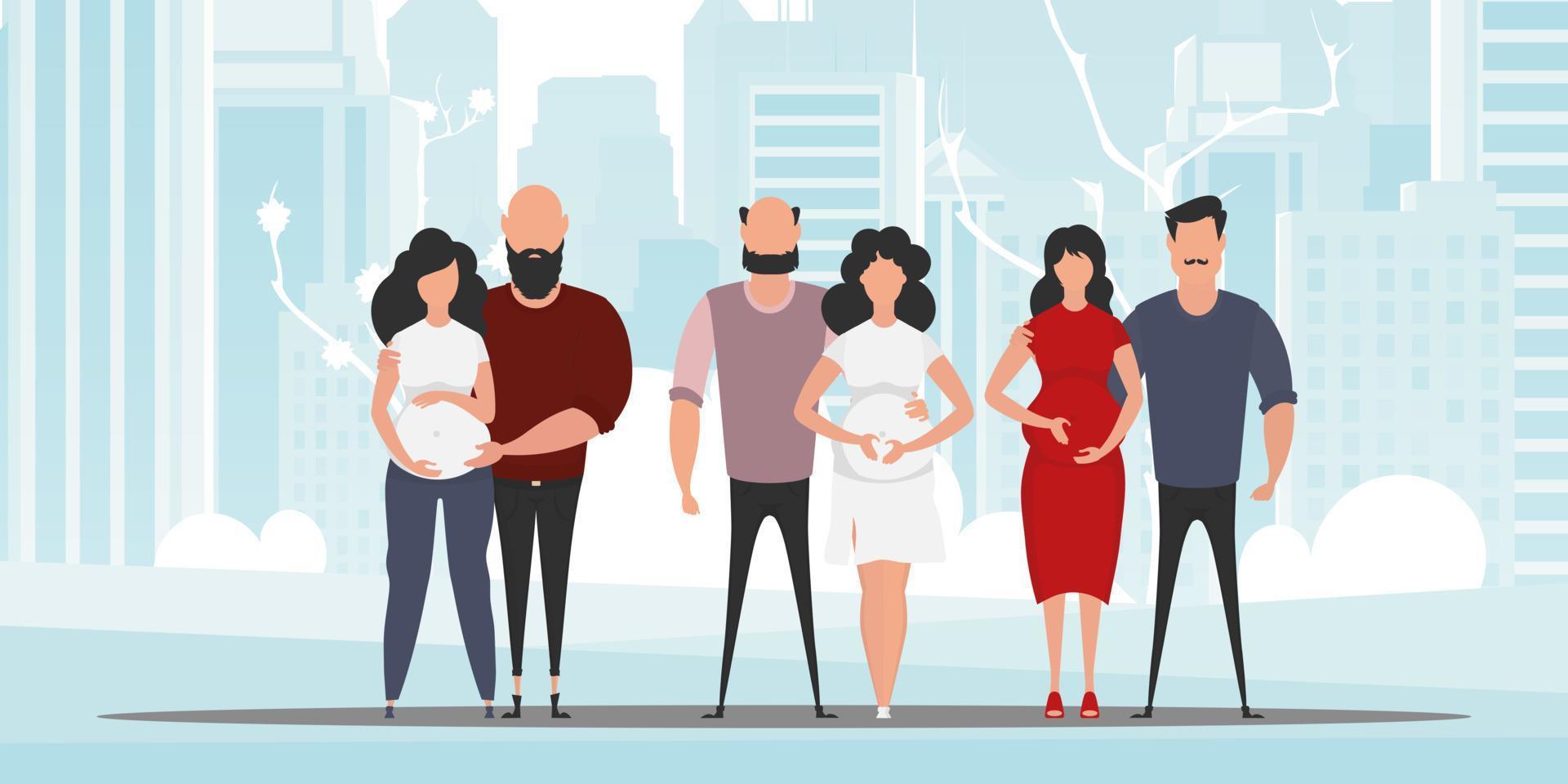 Healthy pregnancy. A group of families who are going through pregnancy. Couple jet baby. Vector illustration in a flat style.