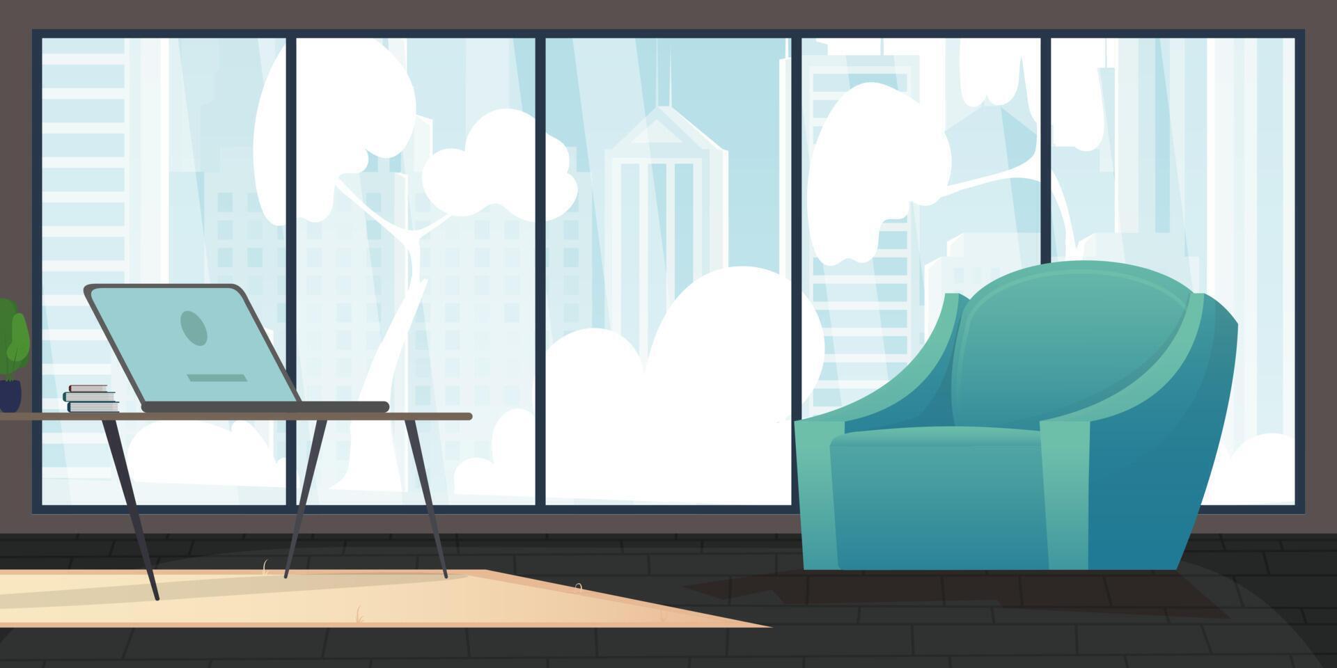 A room with upholstered furniture and a large panoramic window. Cute illustration in flat style. vector