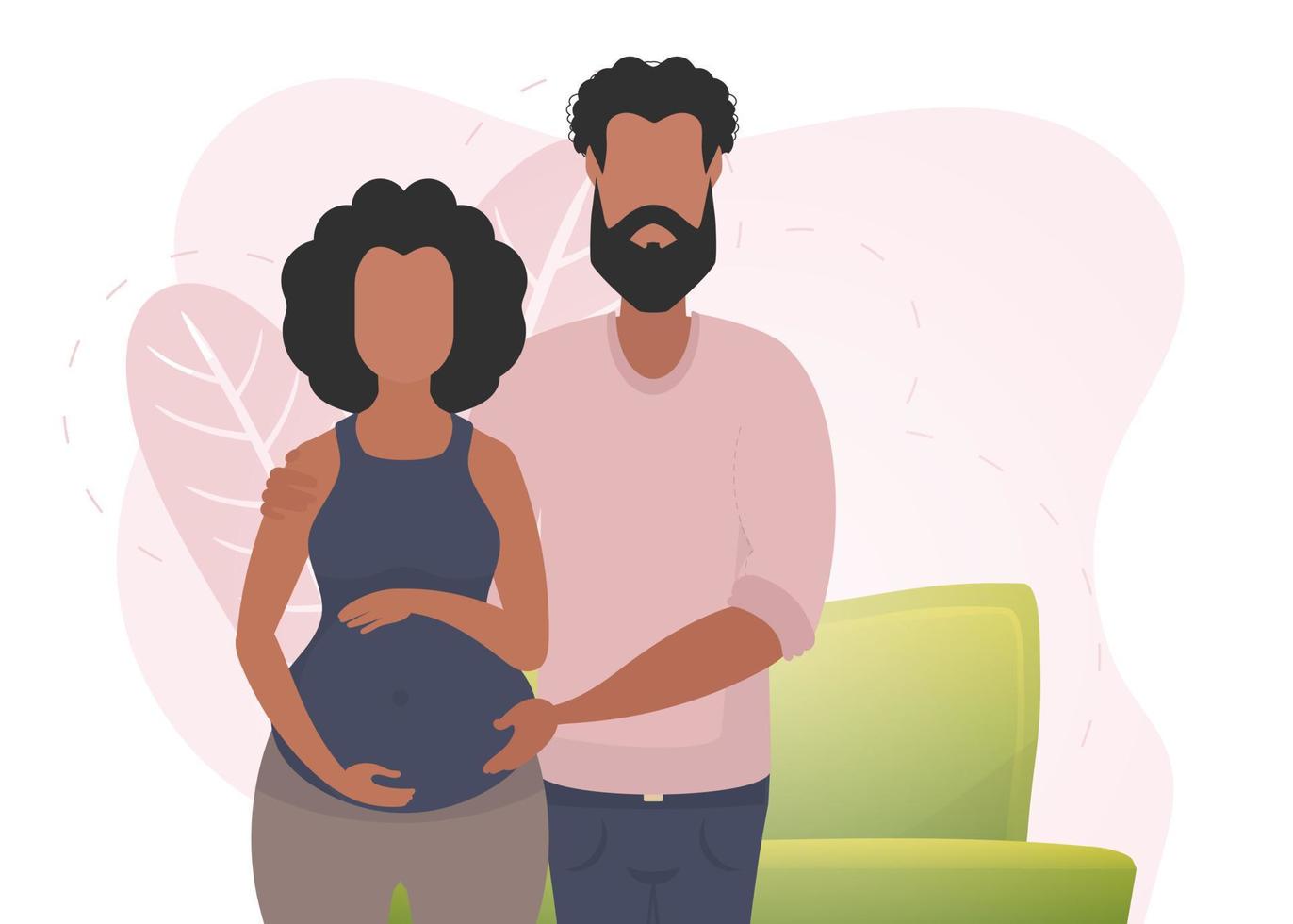 A man hugs a pregnant woman. Poster on the theme Young family is waiting for the birth of a child. Positive and conscious pregnancy. Vector illustration.