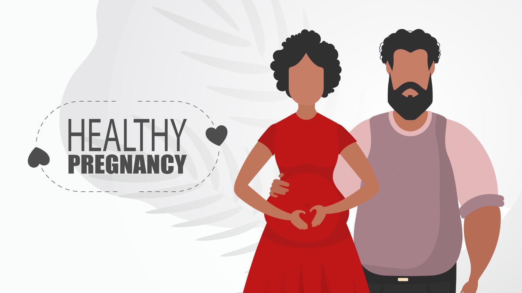 Healthy pregnancy. A man hugs a pregnant woman. A young family is expecting a baby. Positive and conscious pregnancy. Previous illustration. vector