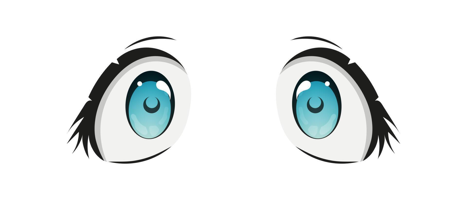 Happy anime style big blue eyes with sparkles. Hand drawn vector illustration. Isolated on white background.