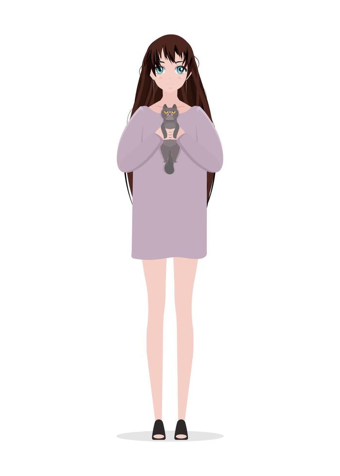 A cute girl is holding a gray cat in her arms. Cartoon style. Isolated. . vector
