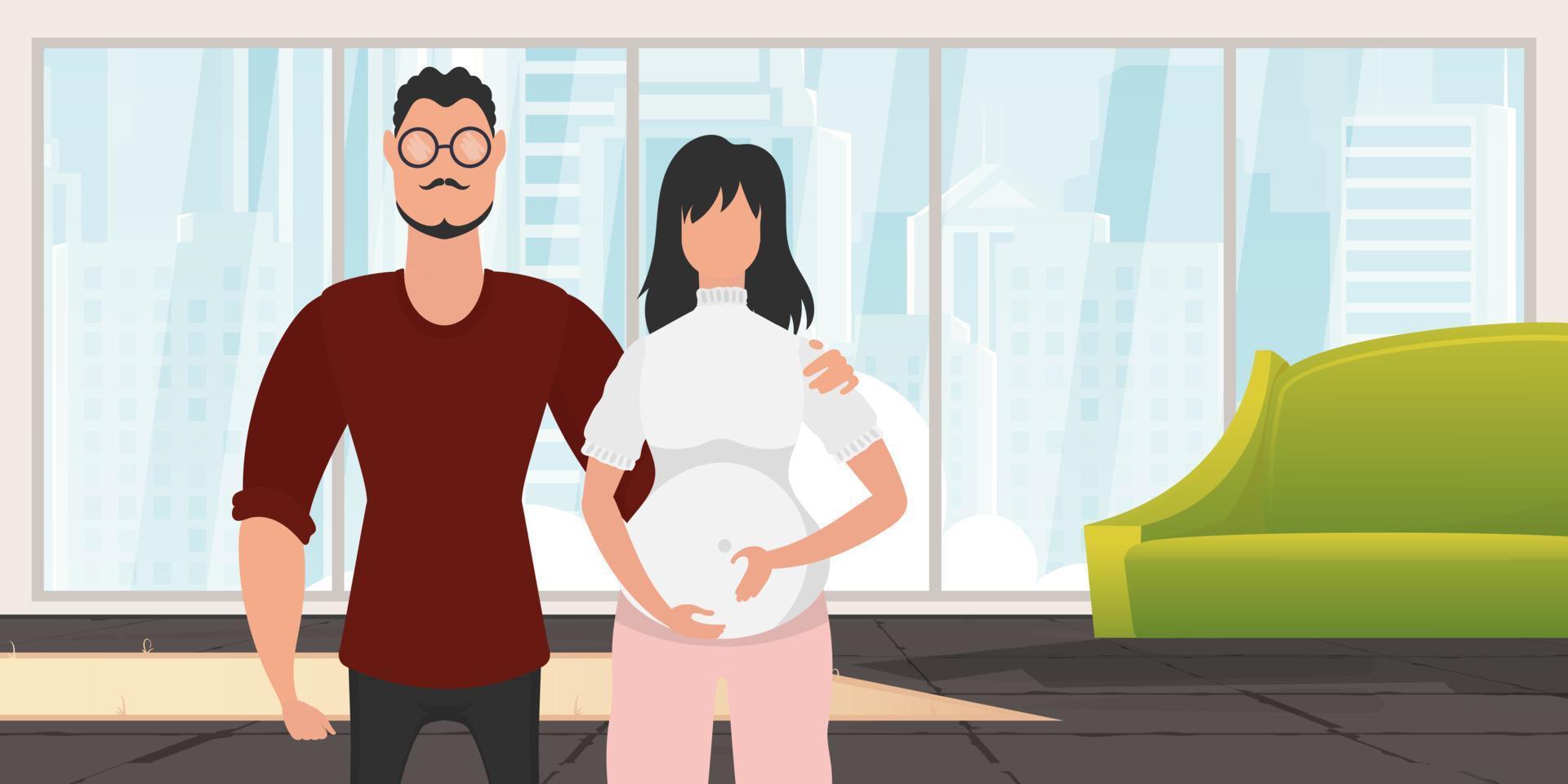 Man and pregnant woman. A poster on the theme of a child's steam jet