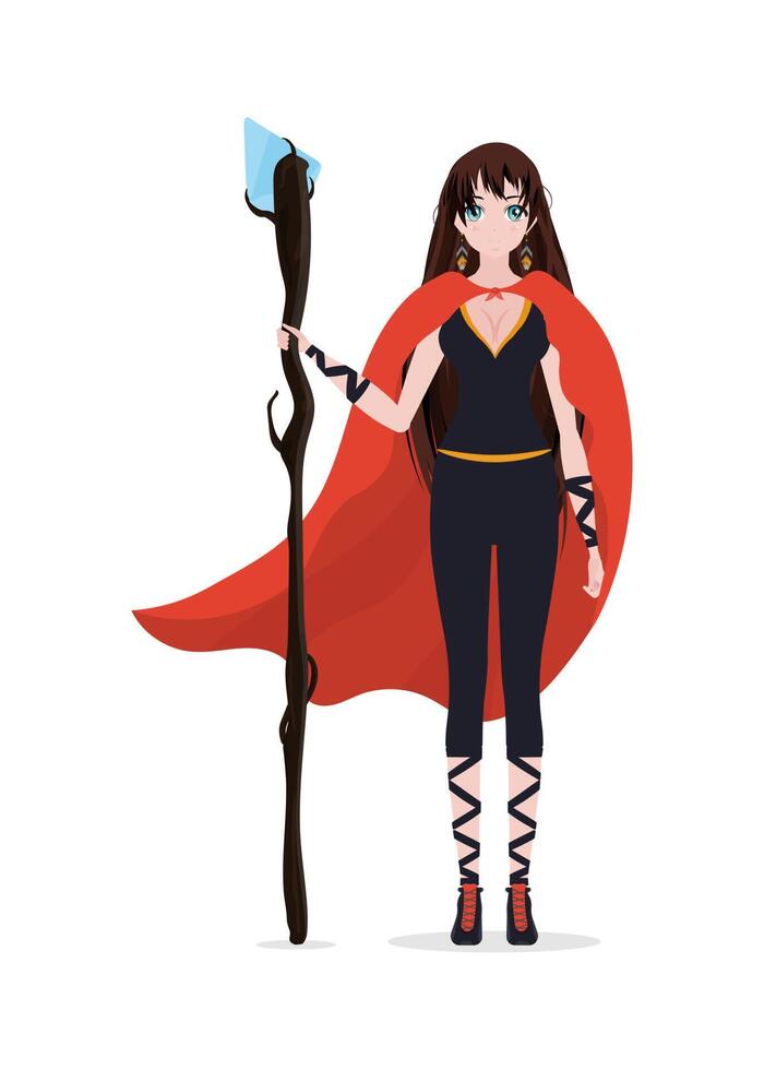 Anime style girl dressed in a long suit with a cloak. Isolated. cartoon style. vector