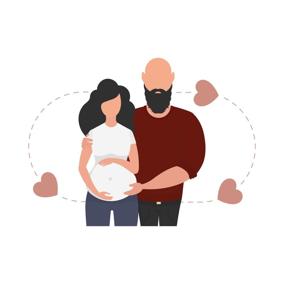 un embarazada mujer con su marido hasta la cintura. aislado en blanco antecedentes. contento el embarazo concepto. vector ilustración en un plano estilo.