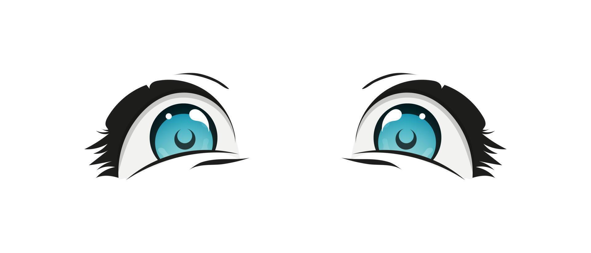 Happy anime style big blue eyes with sparkles. Hand drawn vector illustration. Isolated on white background.