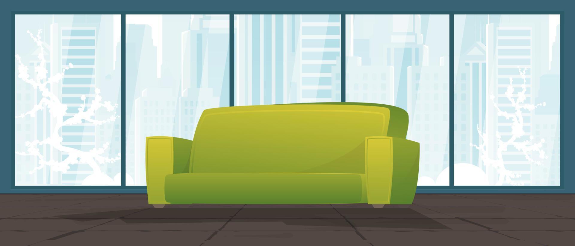 A room with upholstered furniture and a large panoramic window. Cute illustration in flat style. vector