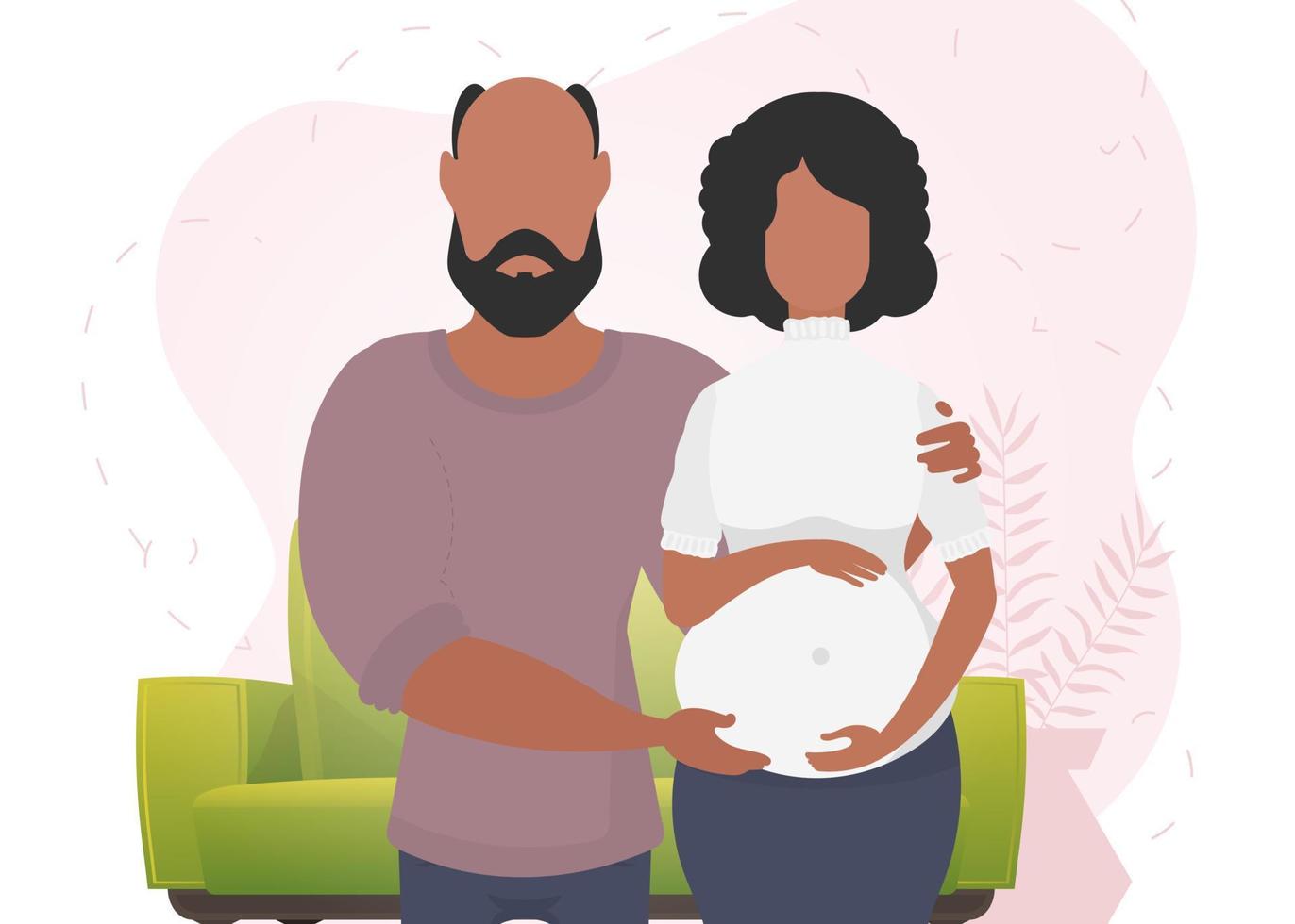 Man and pregnant woman. A poster on the theme of a child's steam jet. Happy pregnancy. Cute illustration in flat style. vector