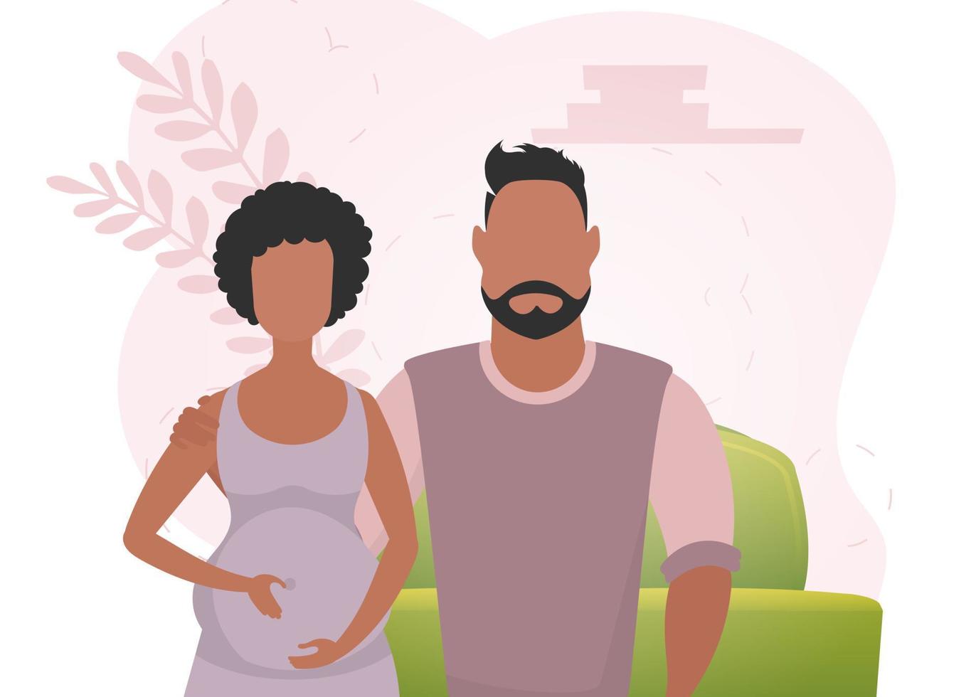 hombre y embarazada mujer. bandera en el tema de Pareja chorro bebé. positivo y consciente el embarazo. linda ilustración en plano estilo. vector