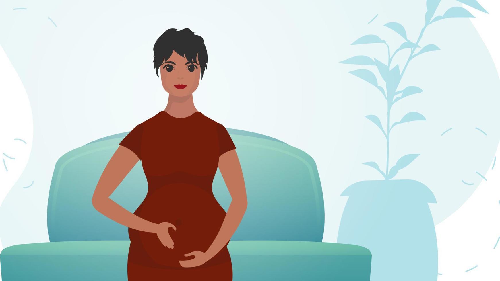 un embarazada mujer sostiene su barriga con su manos. natural antecedentes con habitación. dibujos animados estilo. vector