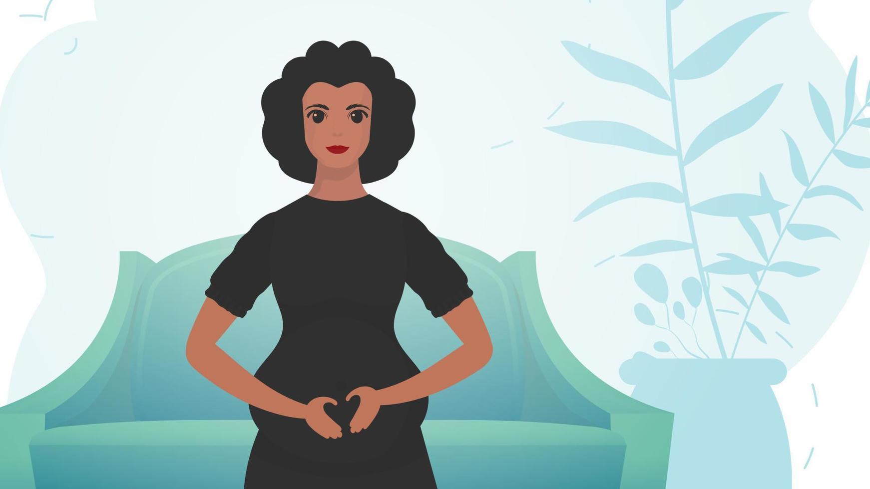 A pregnant woman holds her belly with her hands. A beautiful pregnant woman is standing in front. Vector illustration.