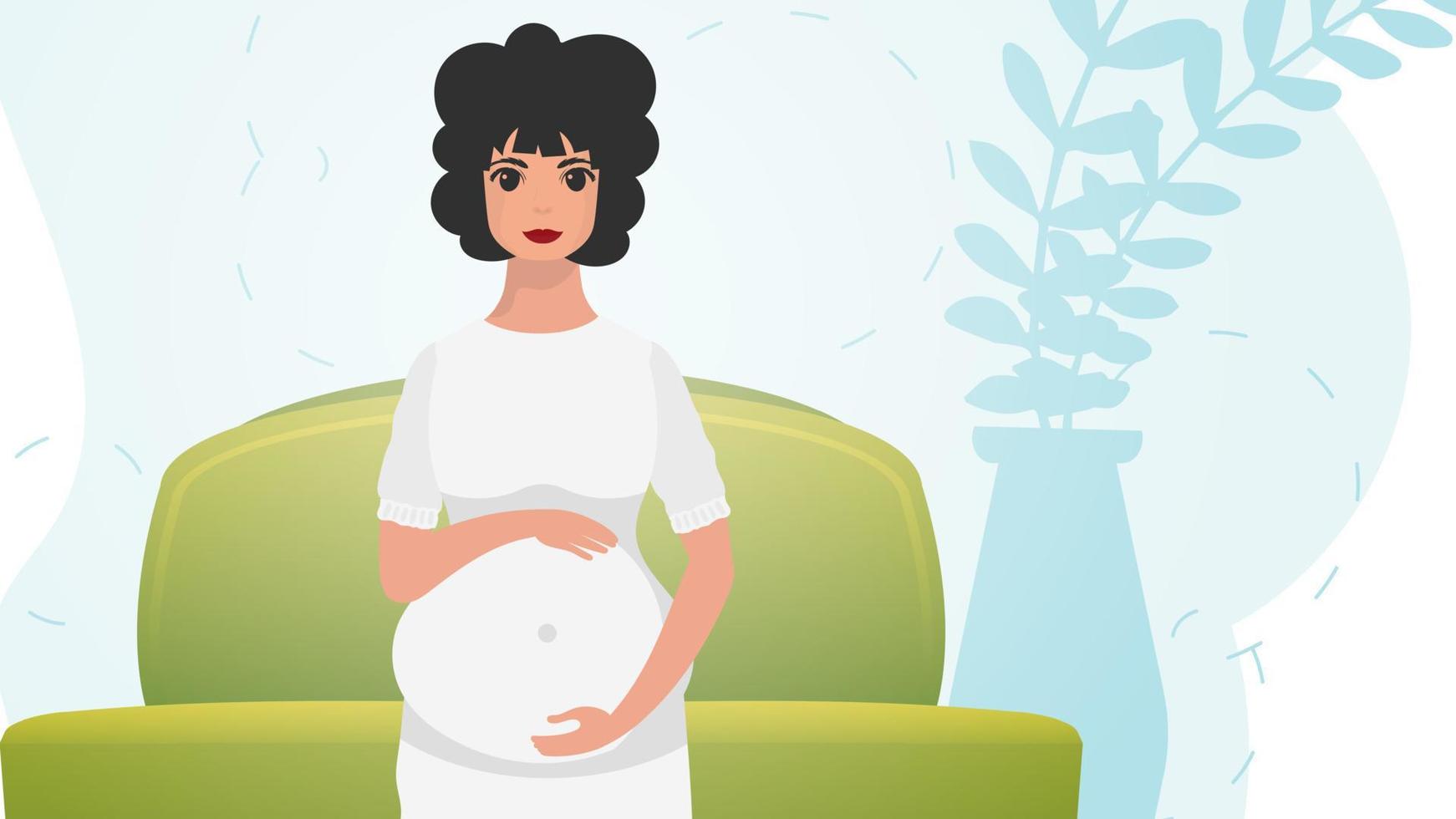 A pregnant woman holds her belly with her hands. A beautiful pregnant woman is standing in front. Cartoon style. vector