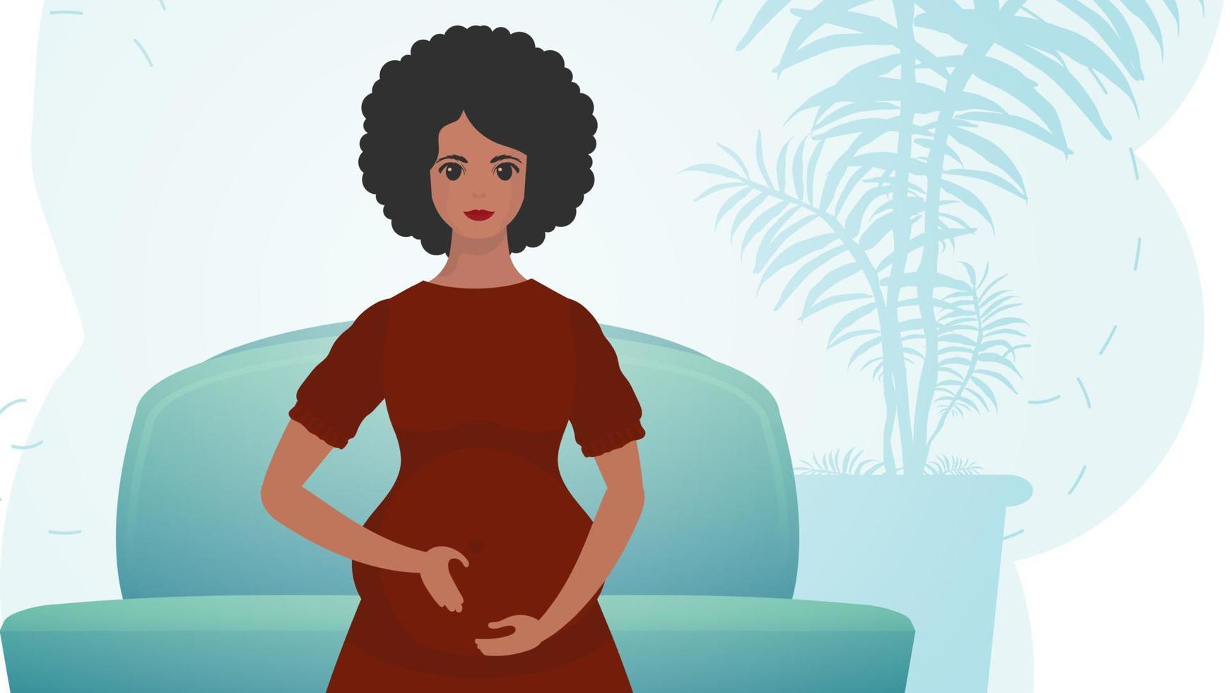 A pregnant woman is holding her stomach. Natural background with room. Cartoon style. vector