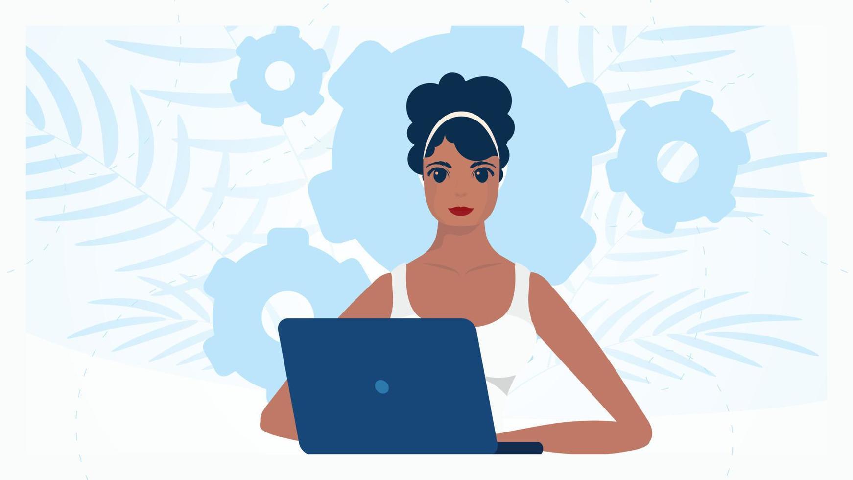 mujer con ordenador portátil concepto de trabajar, educación y compras. vector en dibujos animados estilo.