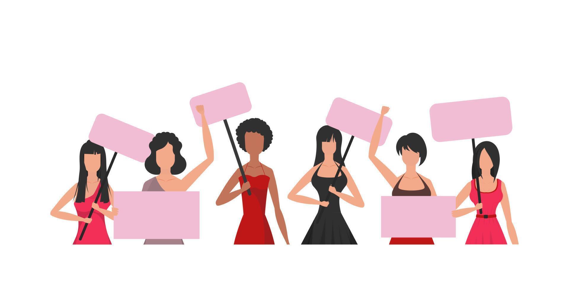 A large set of girls who came out to protest. The rebellious girl is shown to the waist. Isolated. Vector illustration in a flat style.