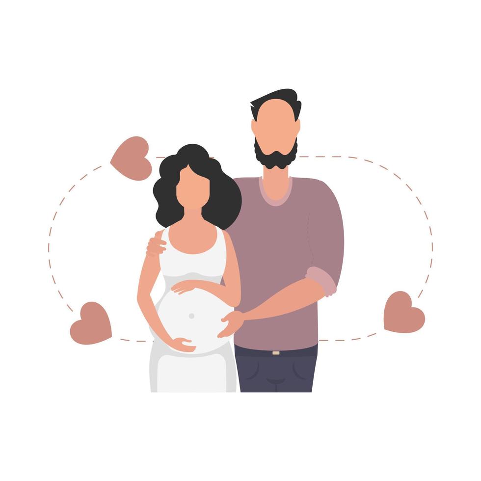 A pregnant woman with her husband waist-deep. isolated. Happy pregnancy concept. Vector in cartoon style.