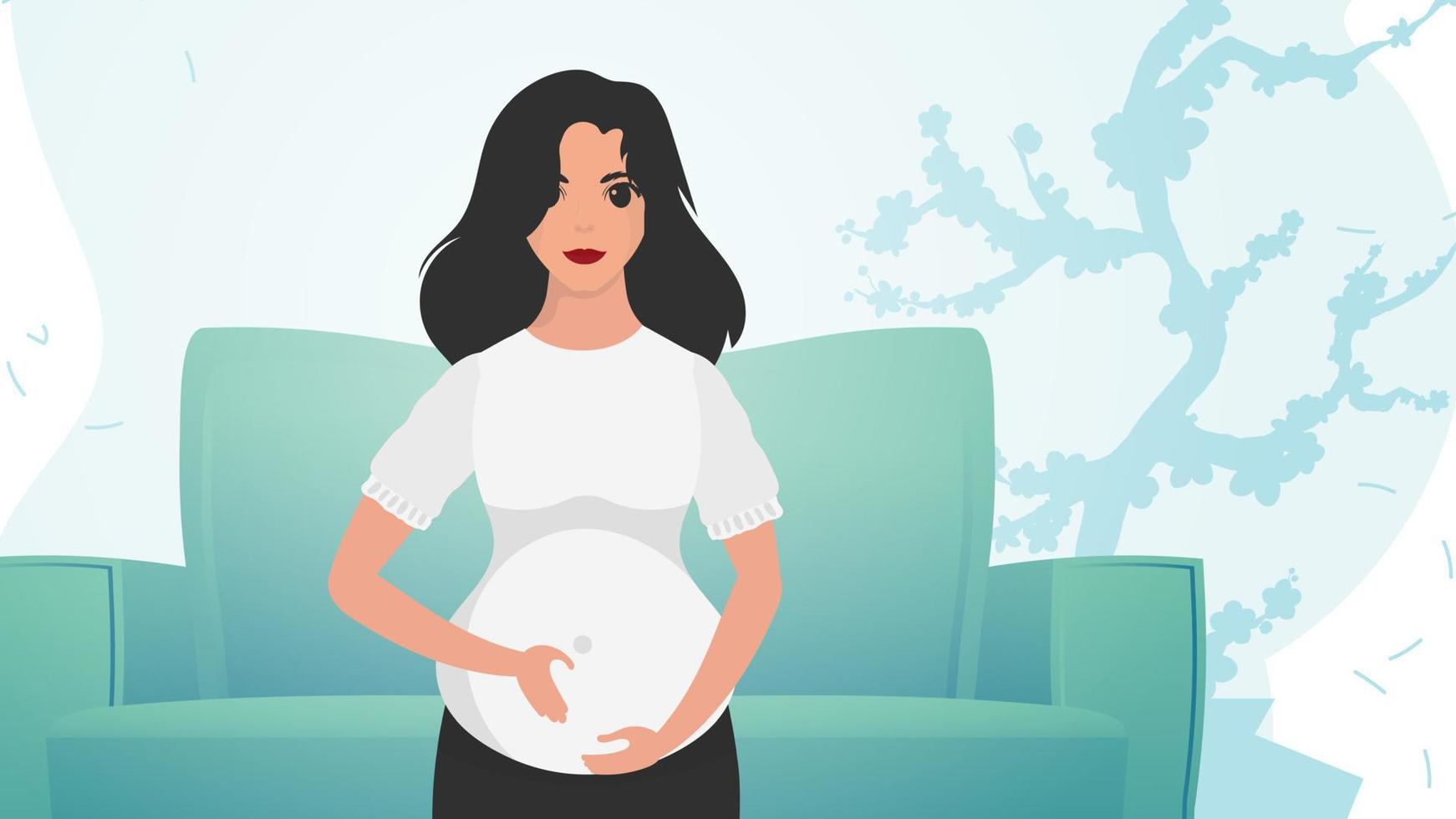 A pregnant woman is holding her stomach. Pregnancy and motherhood. Vector illustration.