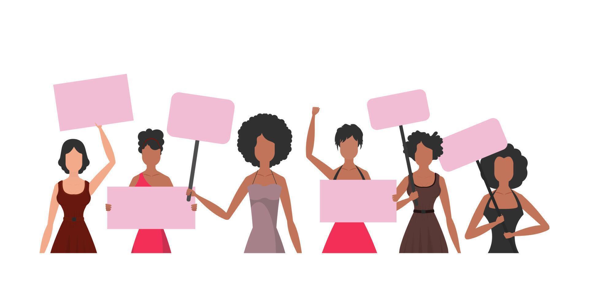 A large set of girls who came out to protest. The rebellious girl is shown to the waist. Isolated. illustration in a flat style. vector