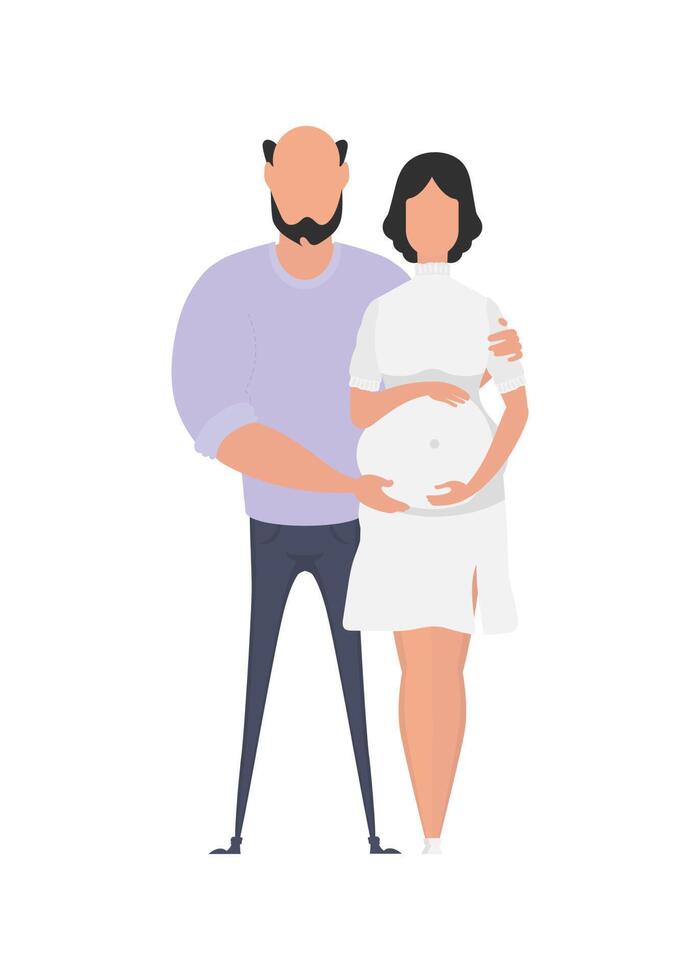 Pregnant woman with her husband in full growth. isolated on white background. Happy pregnancy concept. Cute illustration in flat style. vector