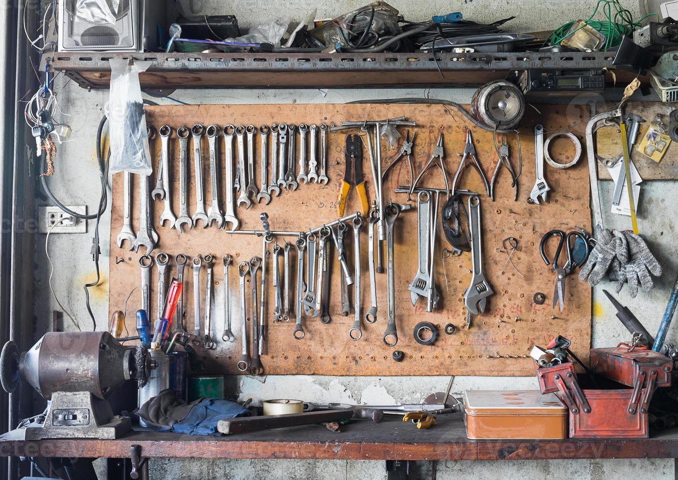 Tool shelf against a wall photo