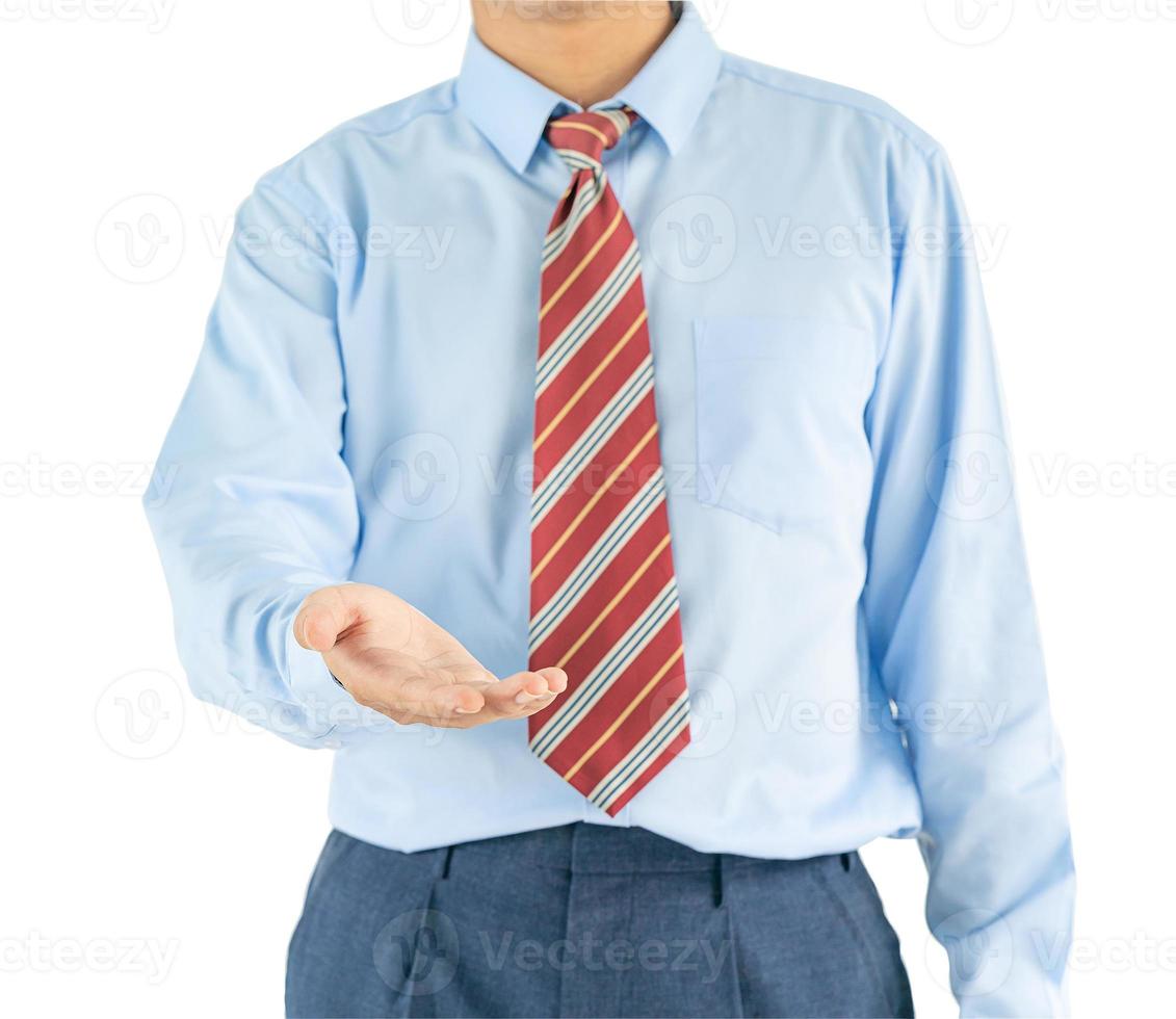Male wearing blue shirt reaching hand out with clipping path photo