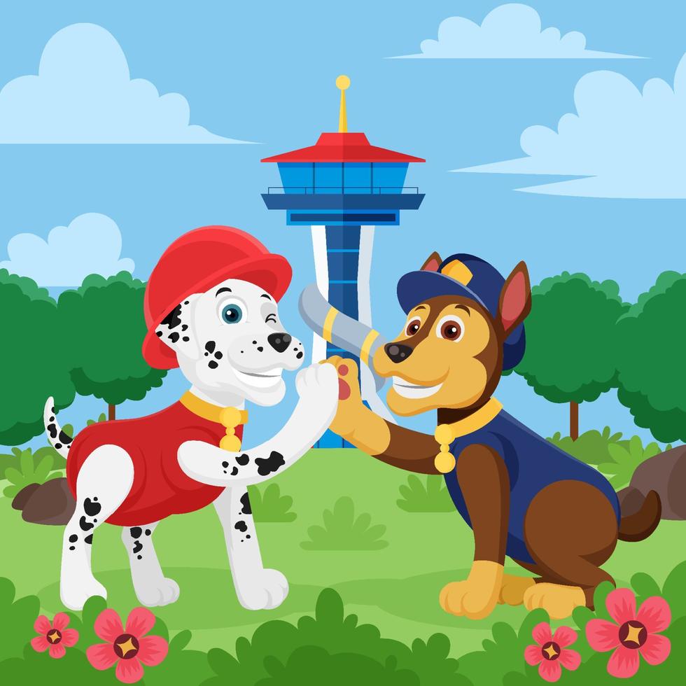 Two Dog Troops Celebrate Accomplished Mission with High Five vector